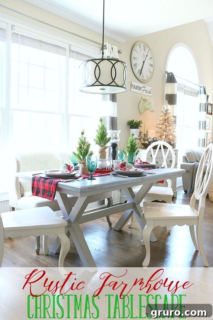 Rustic Farmhouse Christmas Tablescape Rustic farmhouse dining table dressed with plaid runner and natural Christmas decorations