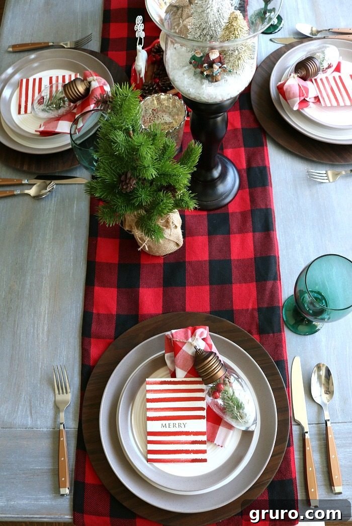 Woodland Farmhouse Christmas Table Decor Cozy plaid woodland farmhouse Christmas table setting ideas