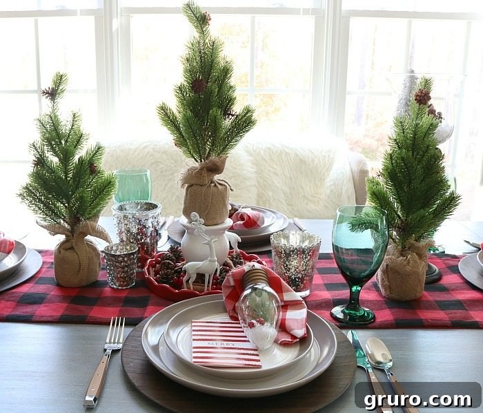 Buffalo Check Christmas Table Setting Festive buffalo check farmhouse Christmas table with warm lighting