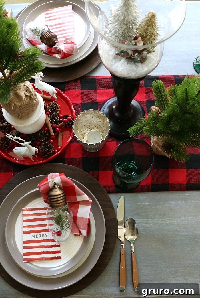 Budget-Friendly Farmhouse Christmas Decor Affordable rustic farmhouse table decor featuring buffalo check and charming mini trees