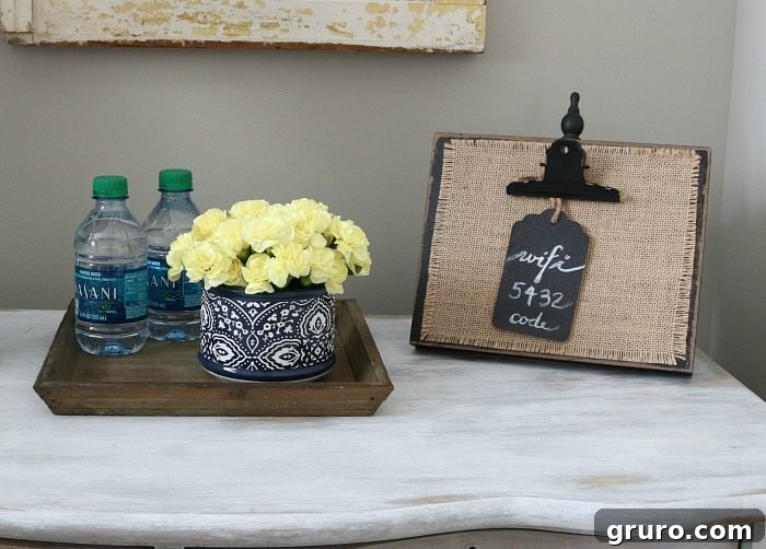 Fresh flowers and bottled water for the guest room.