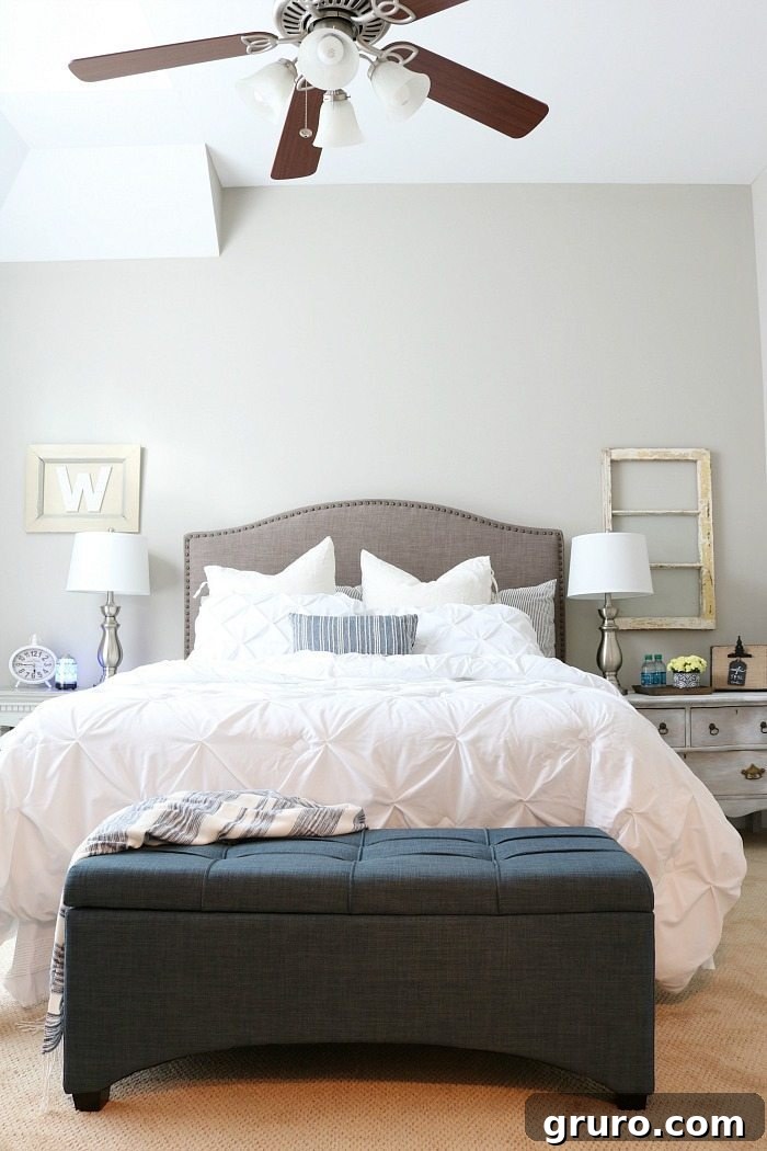 Pin Tucked bedding plus accents of indigo blue in a cozy guest room