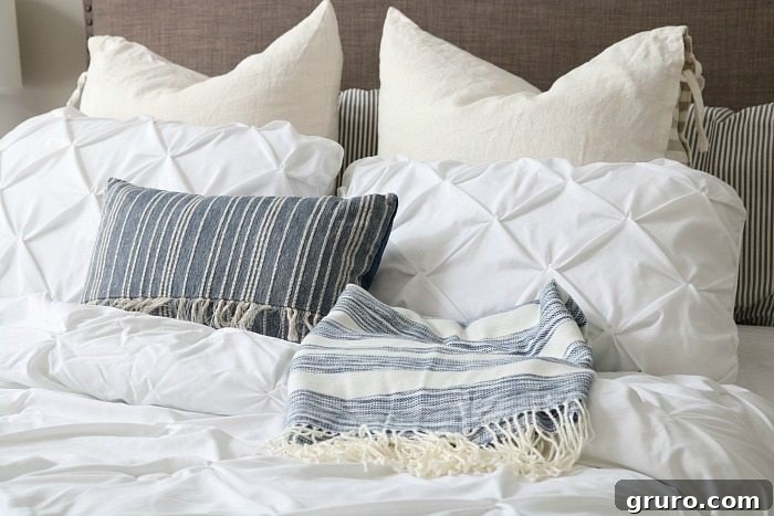 Love the mix of whites and blues - perfect for a relaxing bedroom. Loving indigo right now!
