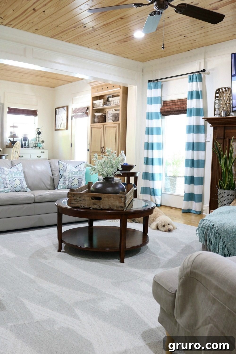 Pet proof carpet transformed into a stylish rug for the farmhouse aesthetic