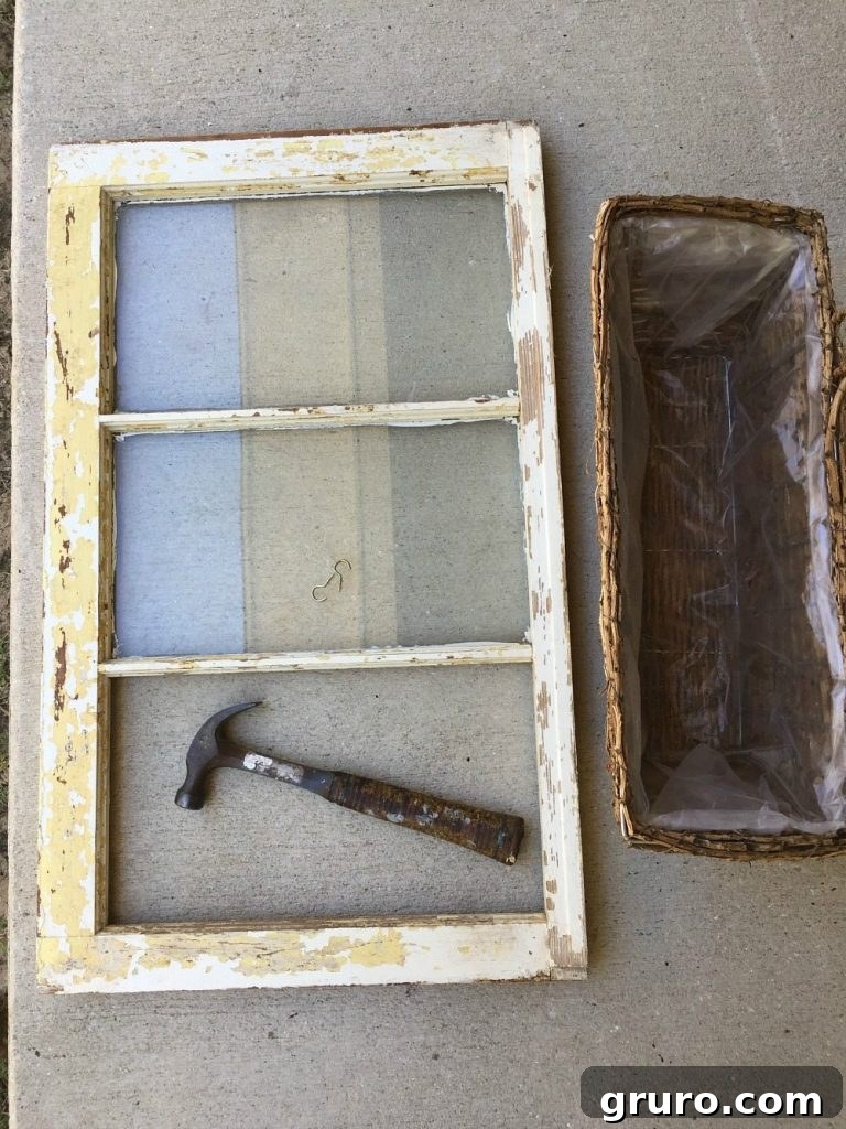 Essential ingredients and tools for creating a beautiful window flower box – an easy DIY repurpose project.