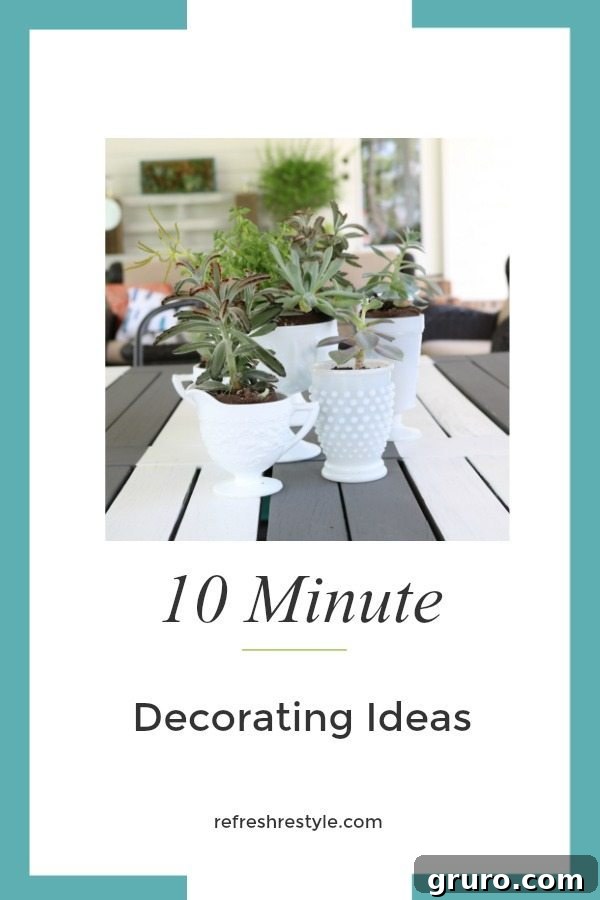 A collage of various 10 Minute Decorating ideas featuring succulents and milk glass arrangements