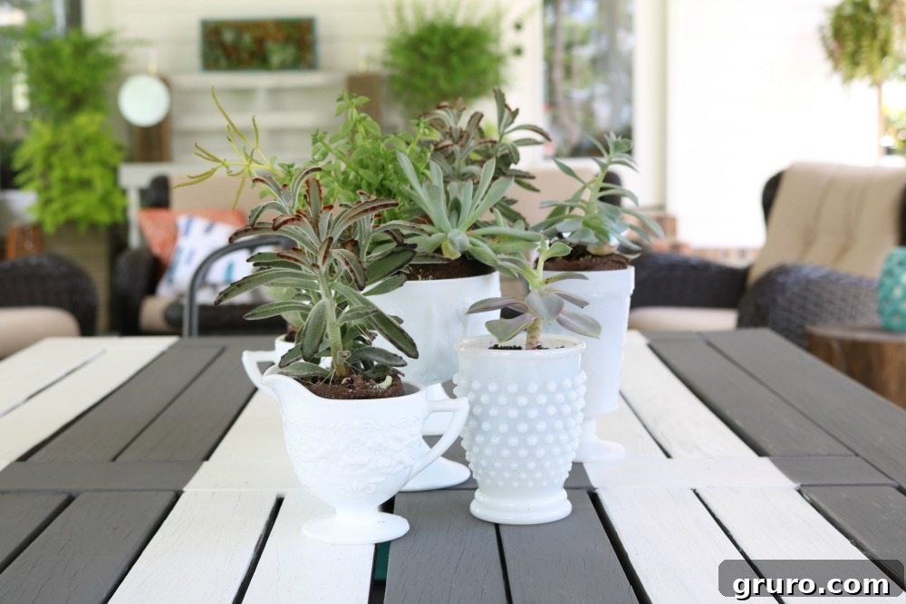 A pair of elegant milk glass planters featuring lush green succulents as a dining table centerpiece