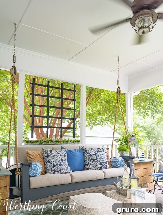 Beautifully decorated screened-in porch for ultimate relaxation