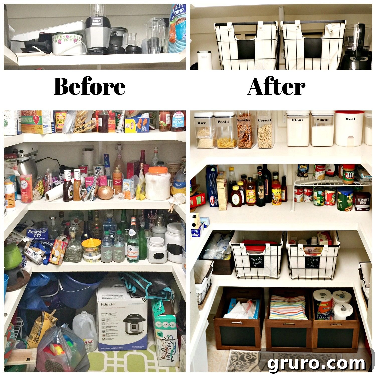 Master Pantry Organization in 5 Easy Steps 2 Pantry organized after and before - messy pantry before organization
