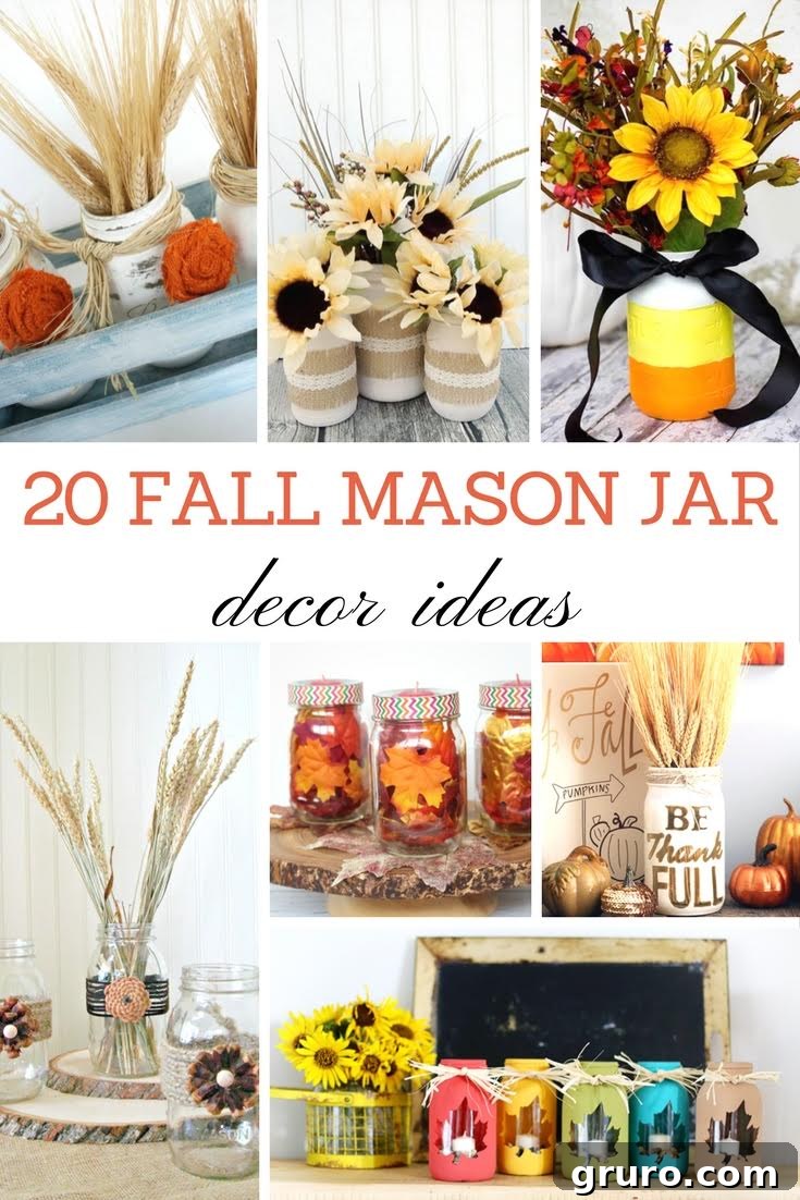 Collection of beautiful fall themed mason jar decorations