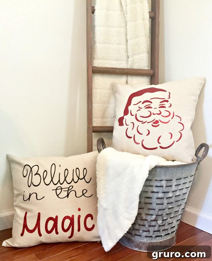 Christmas pillows with glitter vinyl at Refresh Restyle