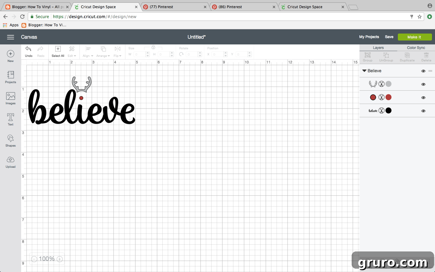 Screen Shot of Cricut Design Space for Onesie