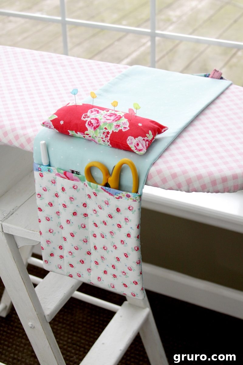 Practical DIY Ironing Board Organizer by Flamingo Toes