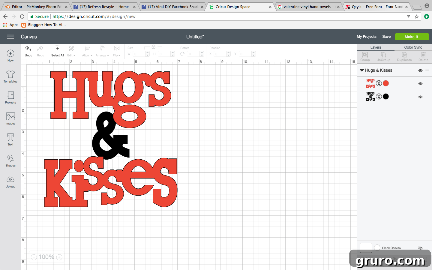Cricut machine cutting the 'Hugs & Kisses' design for a Valentine's Day towel