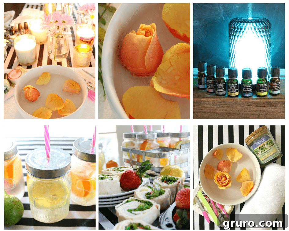 Friends relaxing at an in-home spa party with essential oil aromatherapy, manicures, and healthy snacks.