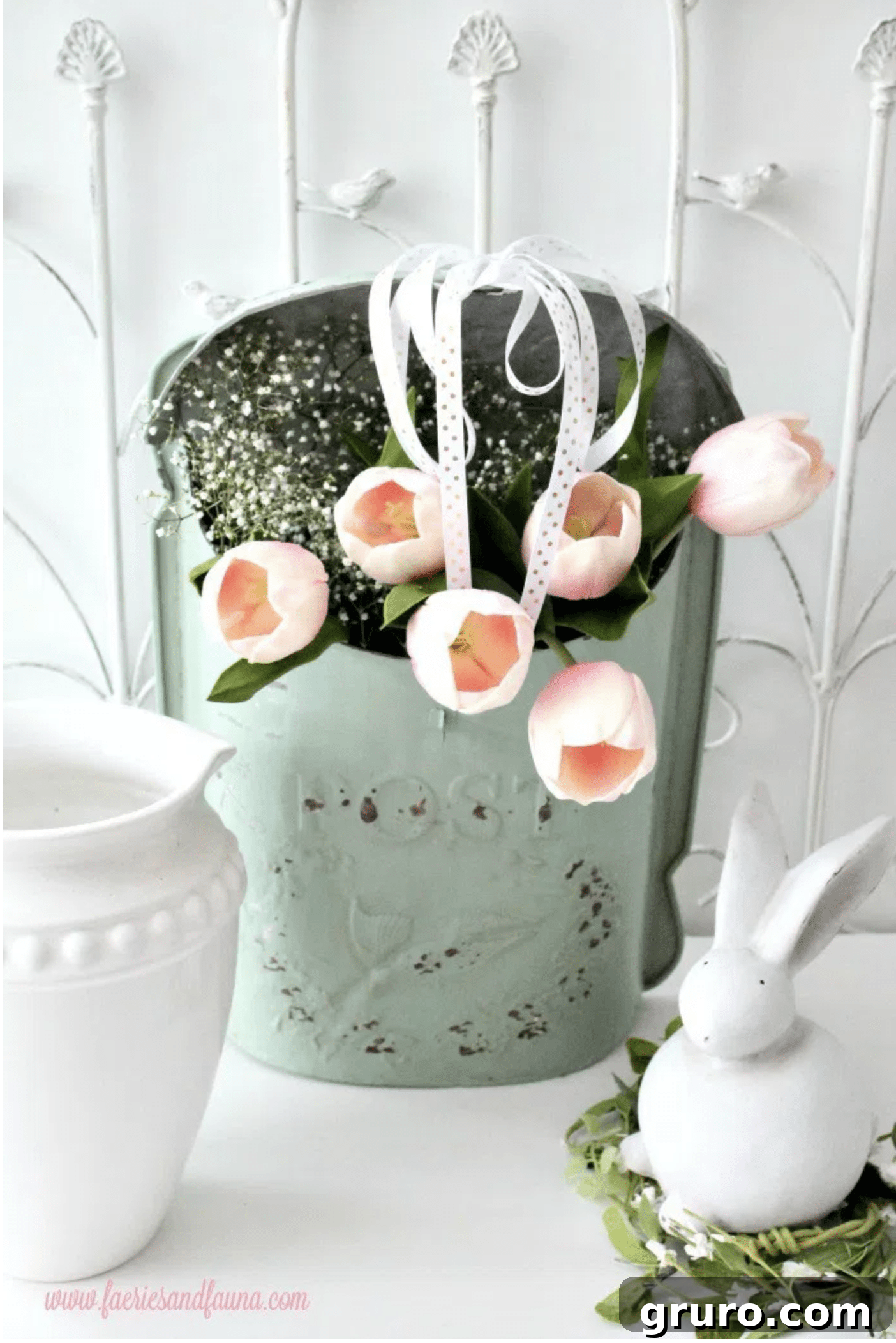 Vibrant mailbox tulip arrangement with artificial flowers and green foliage