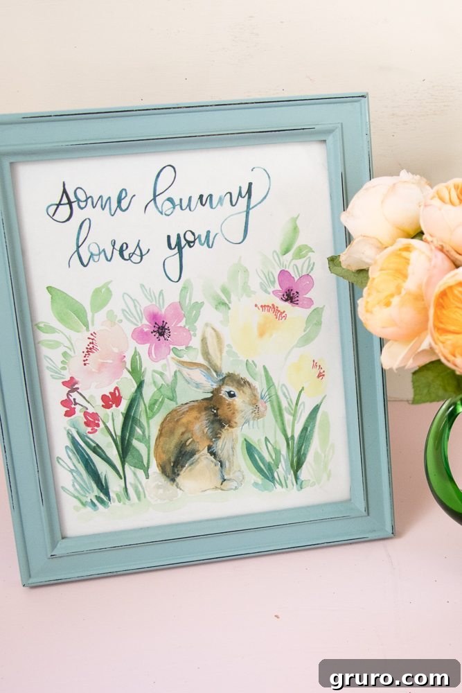Watercolor bunny printable framed art for spring decor