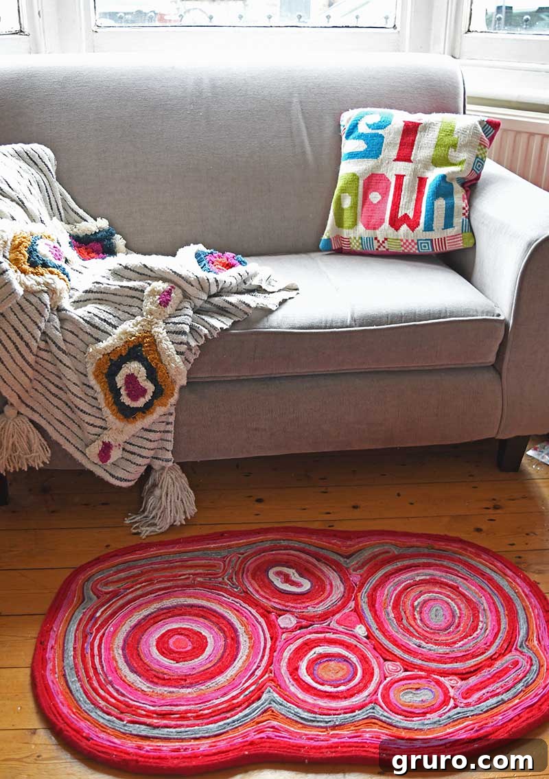 DIY felt rug crafted from recycled sweaters, adding color and texture to a living space