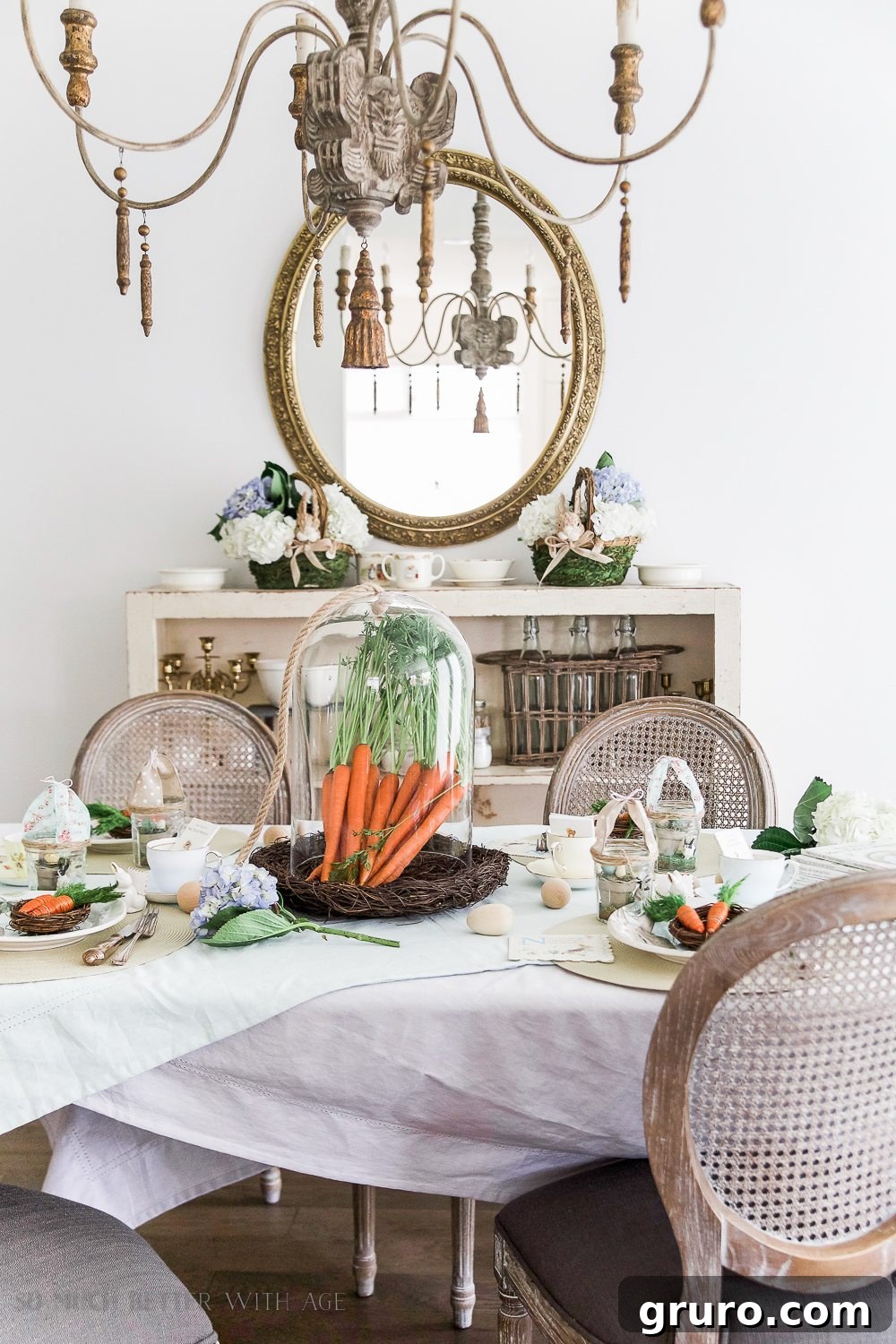 Take a delightful spring flower home tour for seasonal decorating inspiration. easter table carrots bunnies peter rabbit
