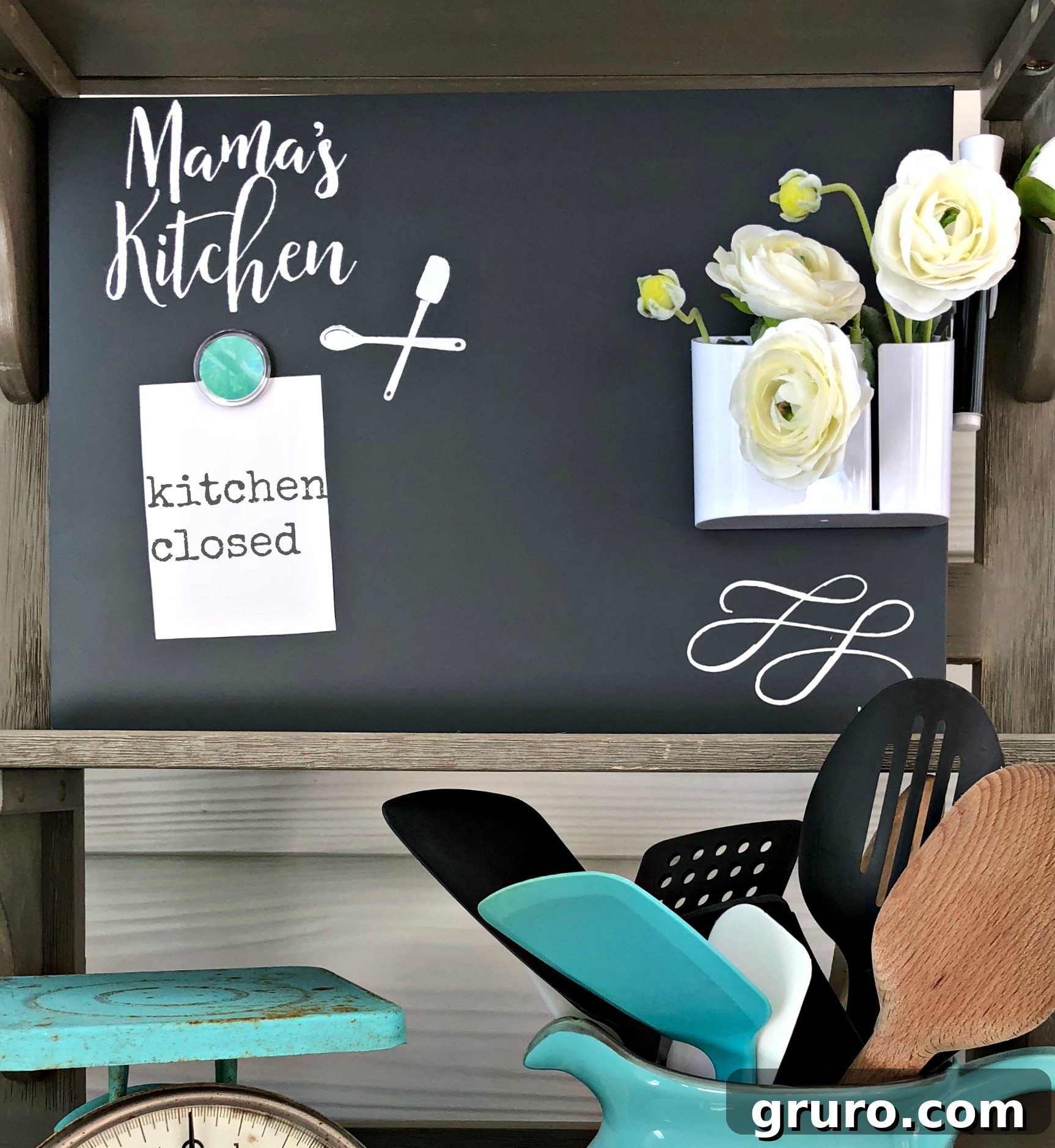 Charming chalkboard art featuring 'Mama's Kitchen' design, perfect for kitchen decor. Fast and easy DIY project using Chalk Couture.