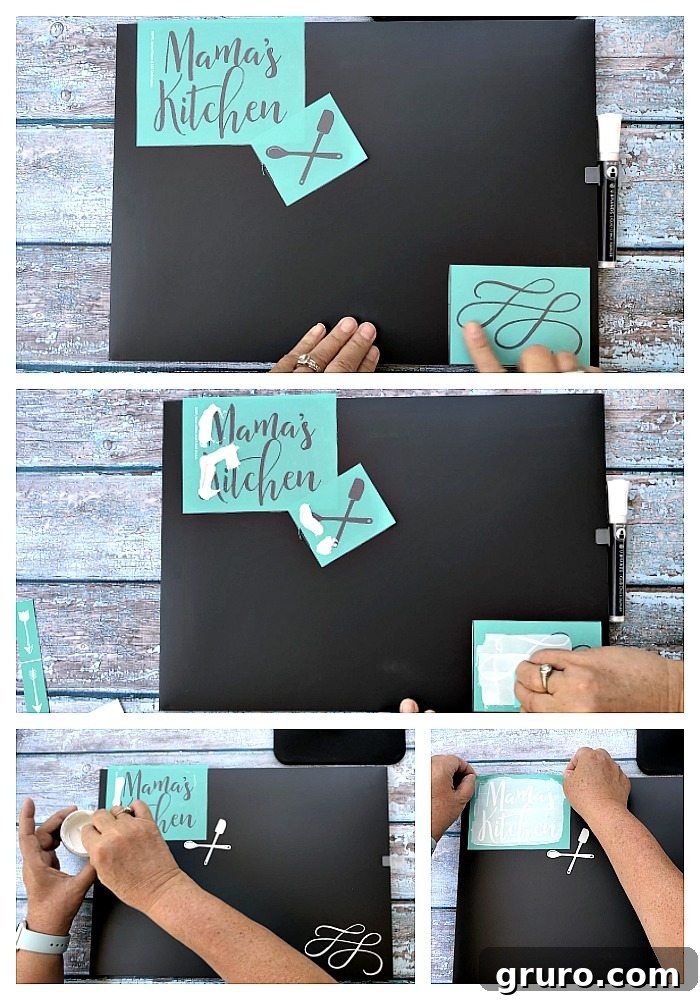 Detailed process steps for using a Chalk Couture transfer with chalk paste, showing trimming, application, and removal for a clean design.