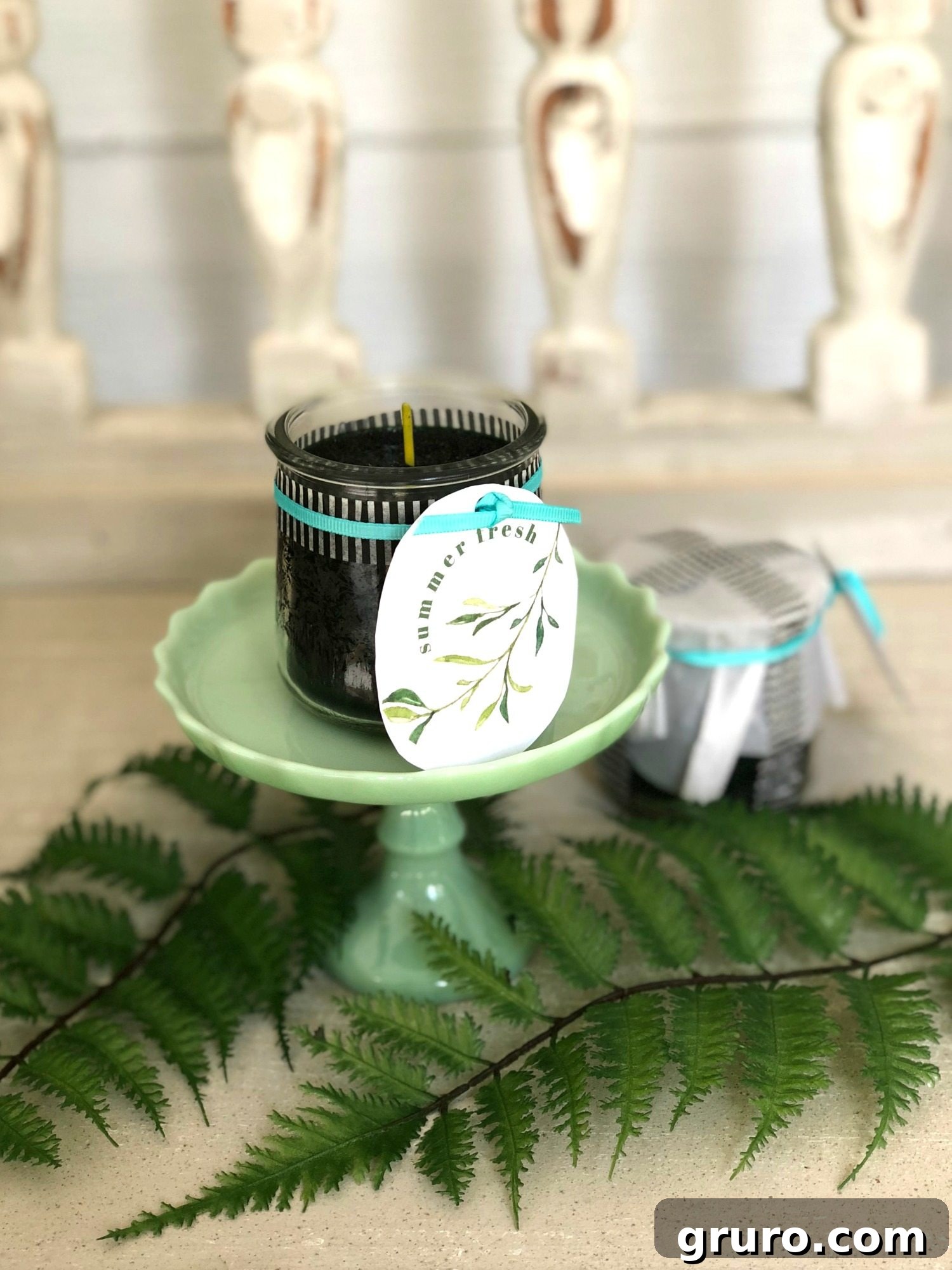 Finished summer candles, homemade in repurposed Oui yogurt jars, ready for display