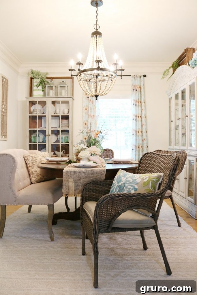 Comfortable wicker dining chairs in a casual farmhouse dining room