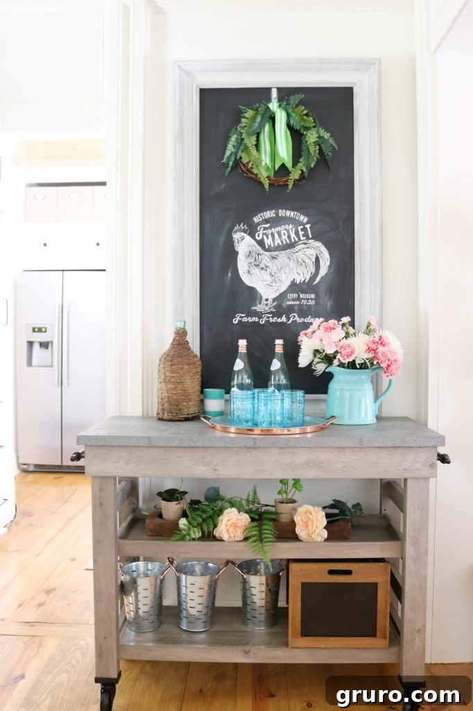 Farmhouse cart with chalkboard and mason jars in a casual dining room