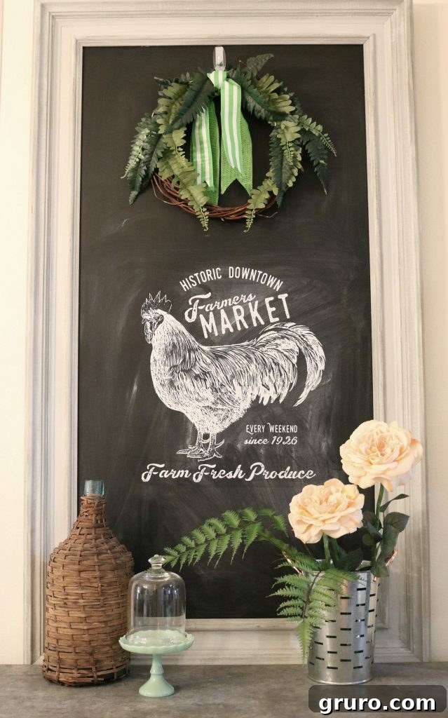 Farmers market chalkboard sign in a casual dining room setting