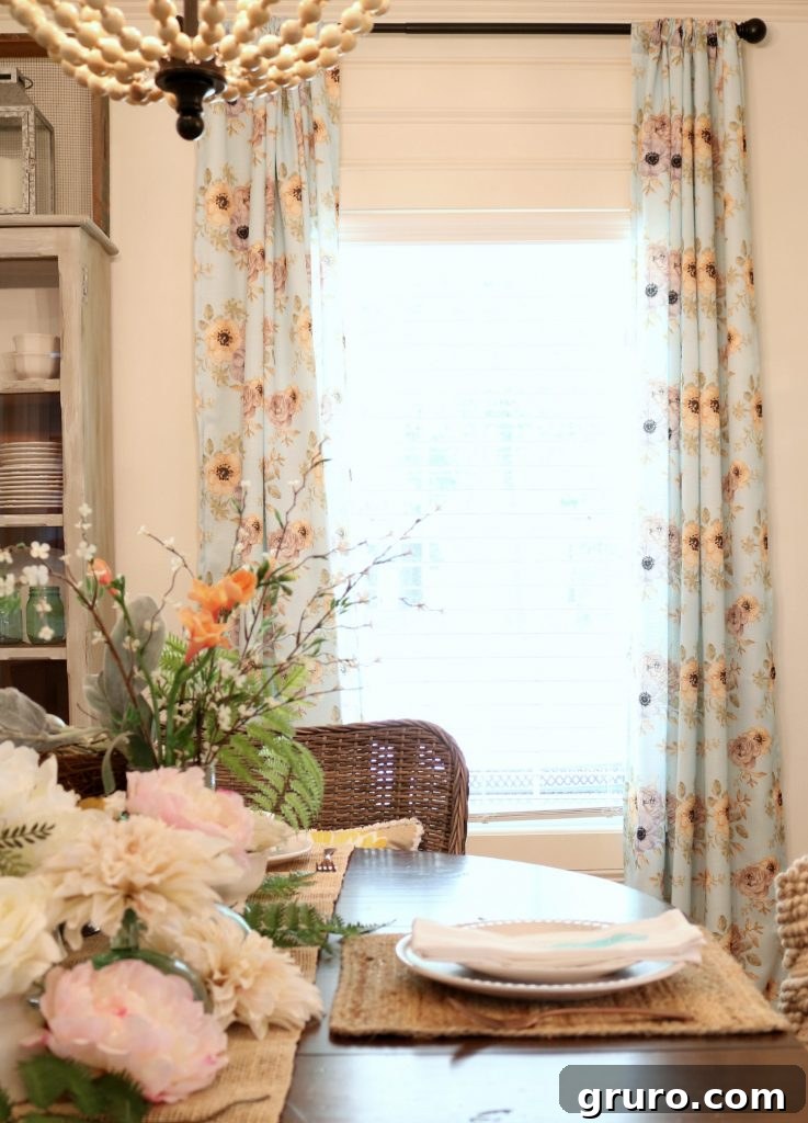 Blue floral curtains in a farmhouse cottage dining room