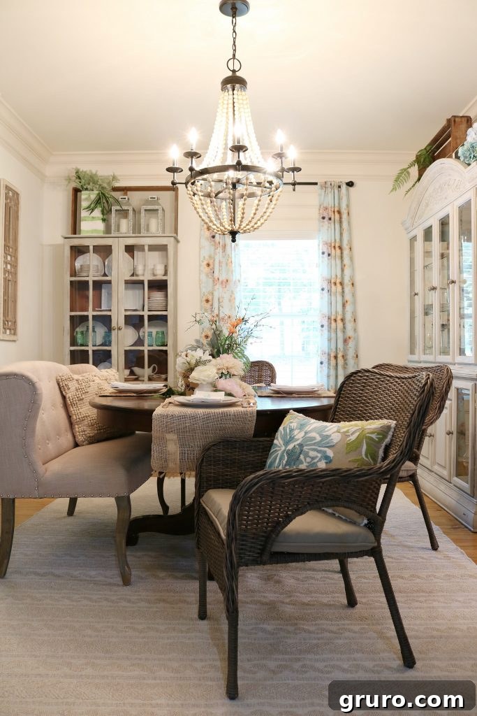 Better Homes & Gardens curtains, pillows, and rug in a refreshed dining room