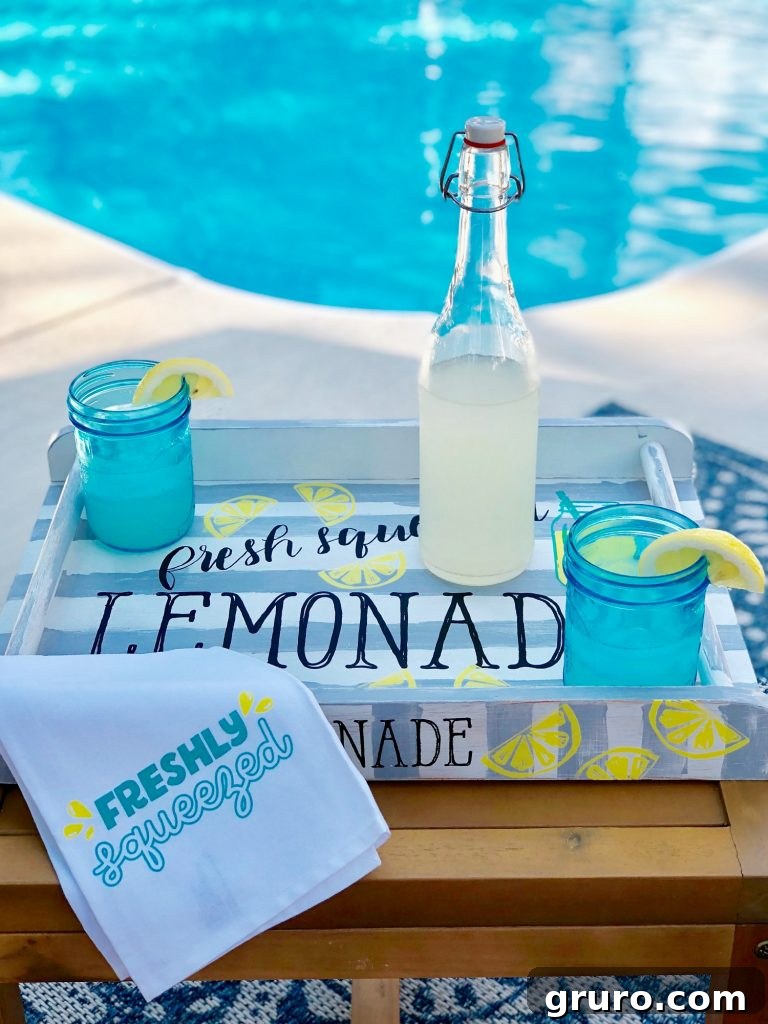 Lemonade tray made from a thrifty find, perfect for patio use.