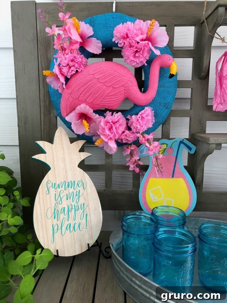 Close-up of the flamingo wreath showcasing the affordable Dollar Store items used