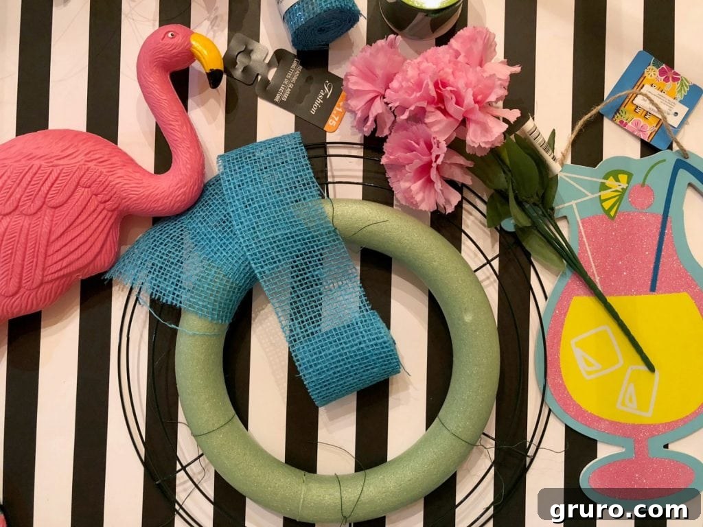 Wreath supplies laid out before starting the DIY flamingo wreath project