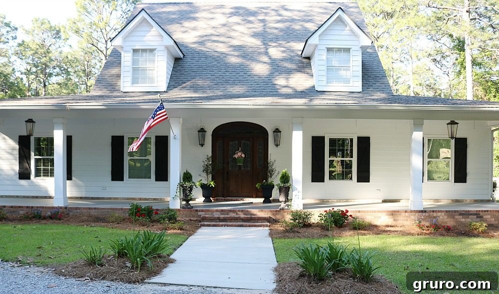 Curb Appeal for Alabama Farmhouse with Colorful Plants and Landscaping