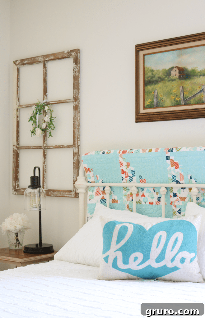 Light and bright farmhouse guest room decor with Better Homes & Gardens bedding and accessories from Walmart