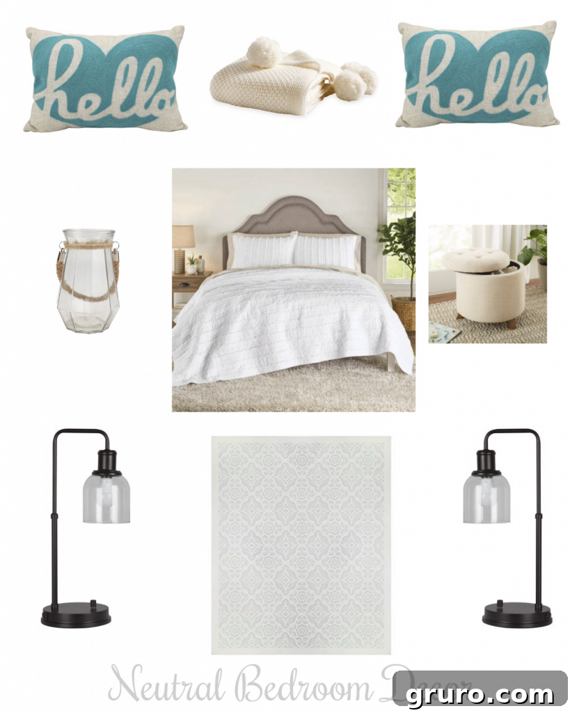 Neutral bedroom decor with Better Homes & Gardens items creating a cohesive farmhouse style