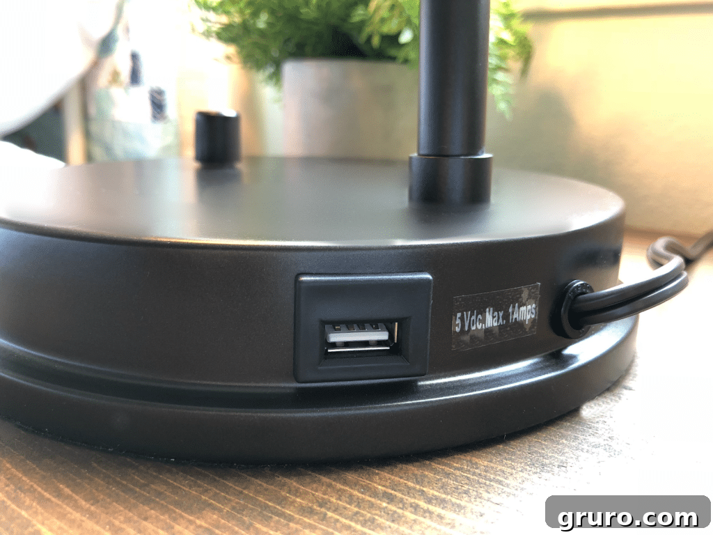 Better Homes & Gardens Bronze USB Lamp base, showing the convenient charging port for guests