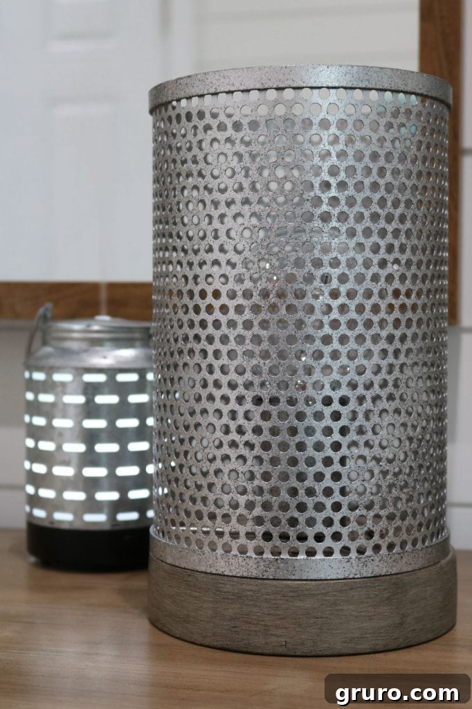 Stylish galvanized lamp and essential oil diffuser for a cozy home office