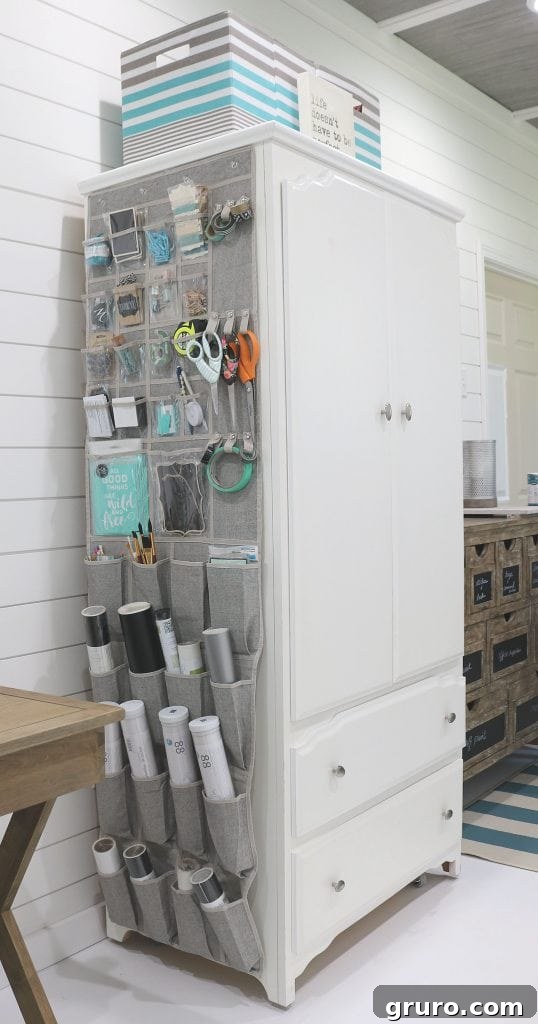 Craft storage for home office featuring an over-the-door closet organizer