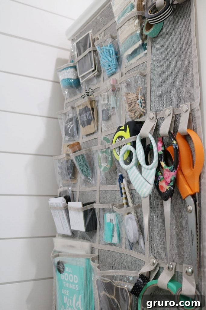 Wall storage for small office with an over-the-door closet organizer