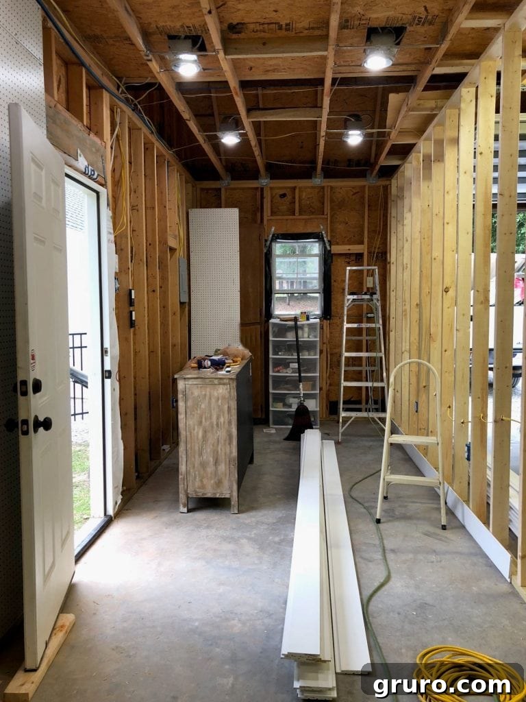 Before shot of the garage space being converted into a small home office