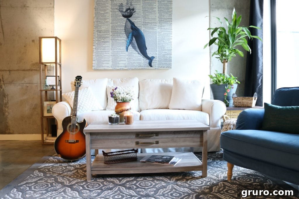 Decorating a small loft apartment living room with a cozy rug, modern floor lamp, and rustic coffee table for comfort and style.