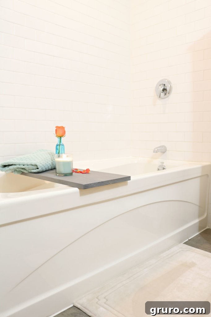 Small bath decor ideas, featuring a simple DIY tub shelf for added relaxation and style.