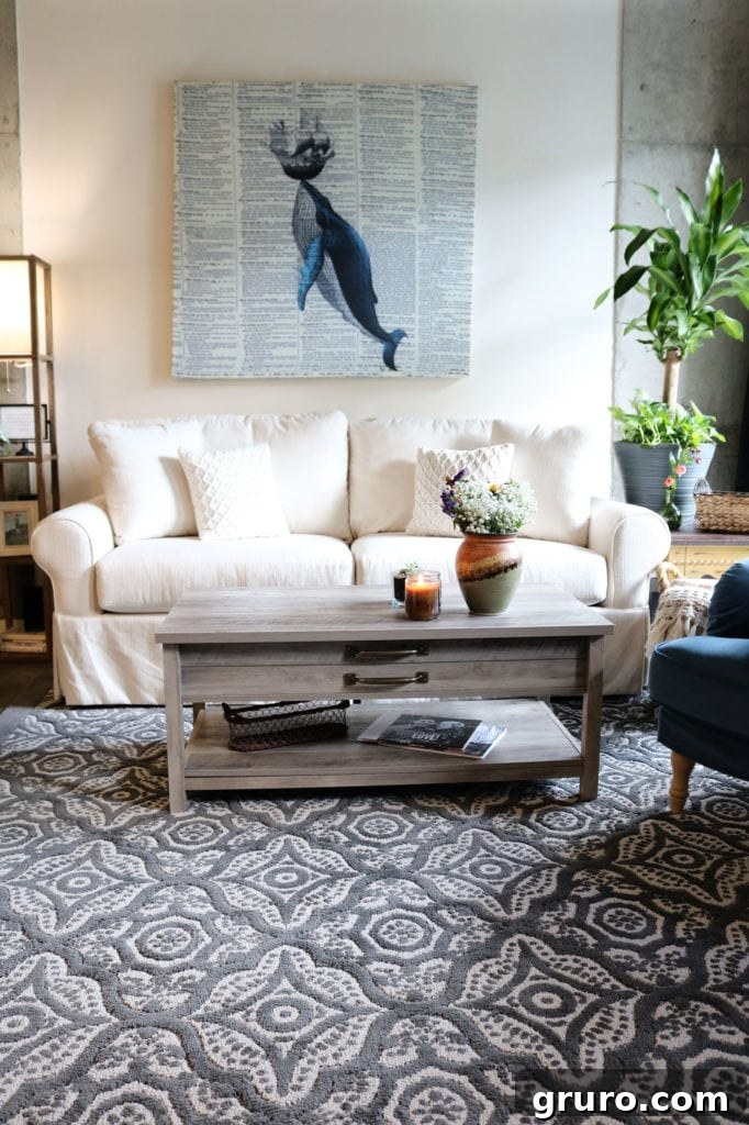 Living room rug: a soft, affordable Better Homes & Gardens rug to warm up any loft space.