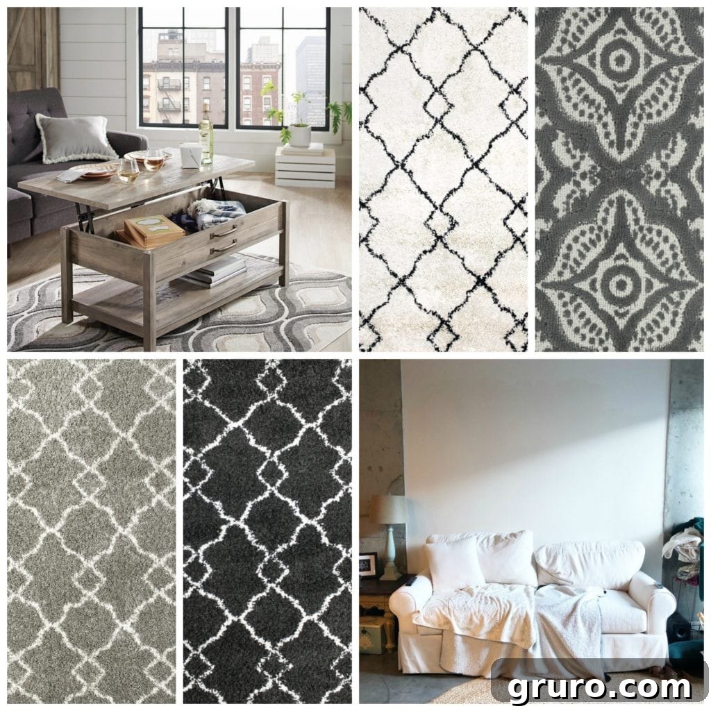 Rug and coffee table ideas for J & J's new living room, showcasing affordable options.