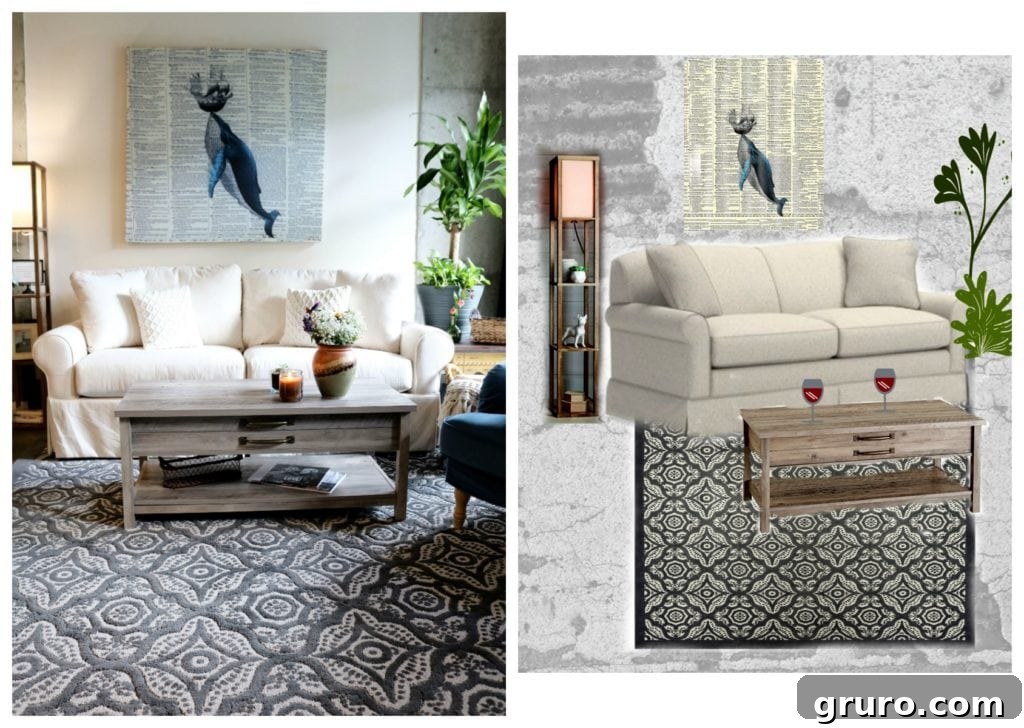 BHG plan for decorating a small loft apartment living room focusing on warmth and functionality.