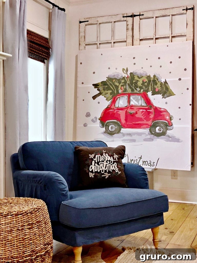 Easy DIY wall decor made with shower curtain DIY Christmas art, very affordable wall decor made from a shower curtain, showcasing the finished product.