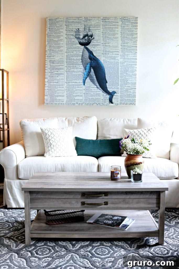 DIY whale shower curtain art makes affordable wall art Whale shower curtain art, easy and affordable wall decor featuring a clean, stretched design.
