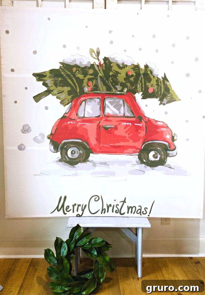 Shower curtain art for an affordable wall art - cute red car with a Christmas DIY ART 5-foot cheap art – a DIY Christmas tree shower curtain wall decor featuring a red car.
